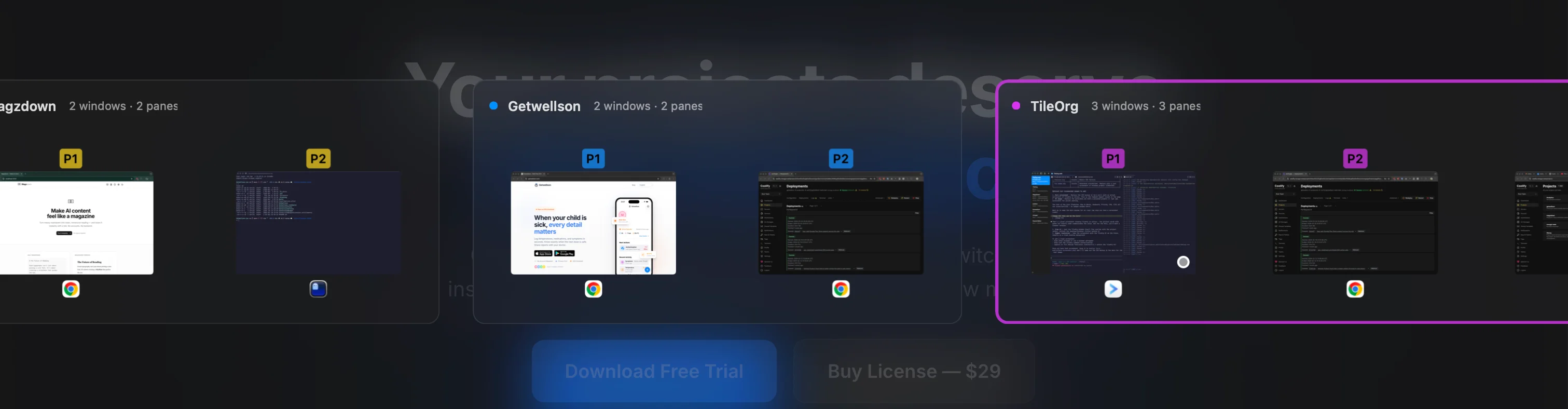 TileOrg — project-based window organization with panes on macOS